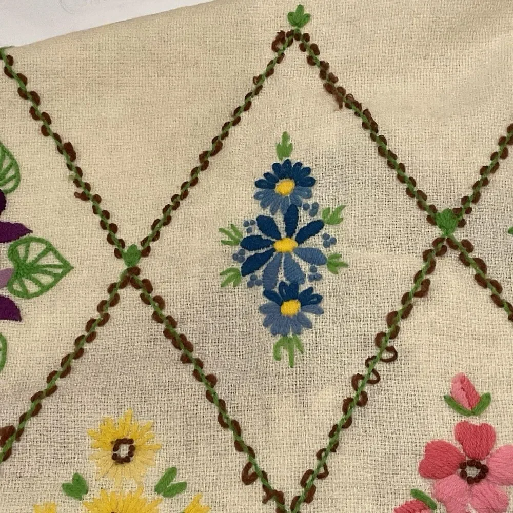 Vintage Handmade Throw Crewel Embroidered Cottage Granny Wool 54 X 66 MCM